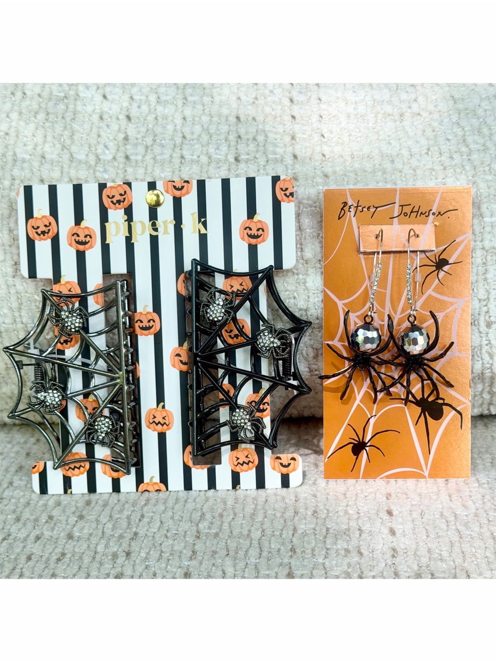 Betsey Johnson Disco Spider Earrings Piper K Spiderweb Hair Clips Halloween Set